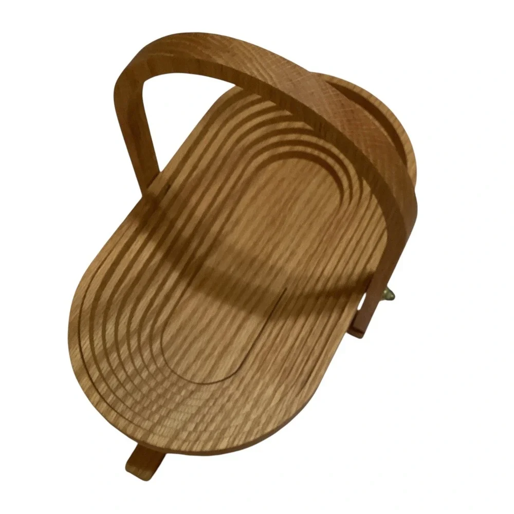 Handcrafted Oak Wood Collapsible Spiral Basket Folding Trivet Fruit Bowl 12in